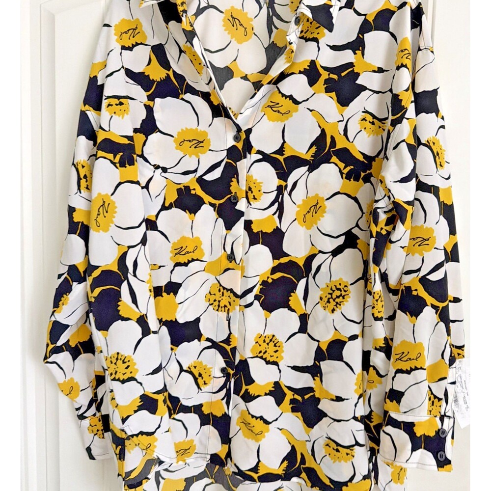 Karl Lagerfeld Paris Women's Floral Button Front Blouse White Black Yellow XL - Picture 3 of 11